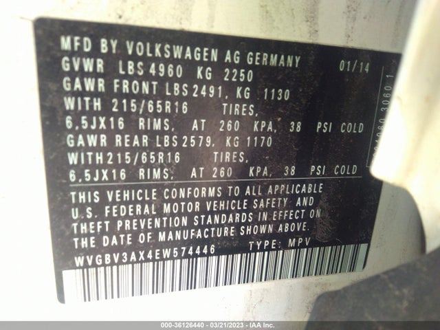 WVGBV3AX4EW574446 Volkswagen TIGUAN S