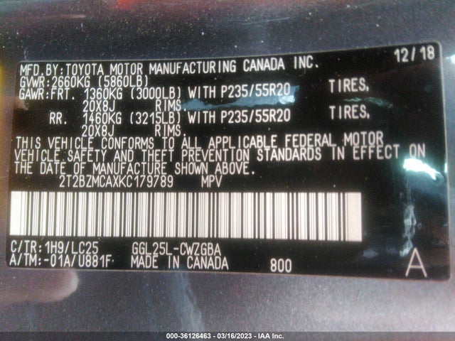 2T2BZMCAXKC179789 Lexus Rx Rx 350