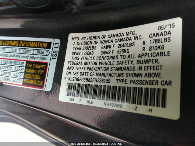 Honda Civic Coupe Ex 2015 2HGFG3B82FH526159 Image 9