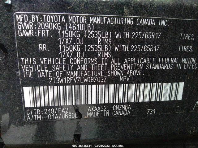 Toyota Rav4 Xle 2020 2T3W1RFV7LW087037 Image 11