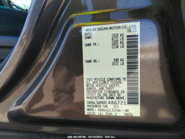 2015 NISSAN ALTIMA 2.5 S VIN: 1N4AL3AP0FC486721