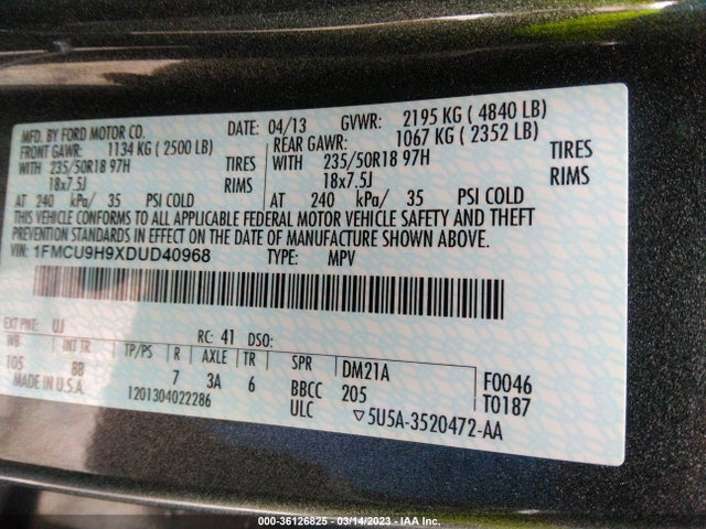 2013 FORD ESCAPE SEL VIN: 1FMCU9H9XDUD40968
