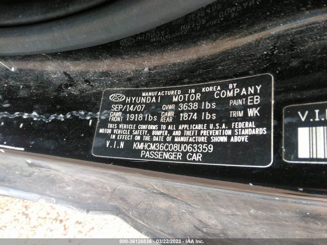 2008 HYUNDAI ACCENT GS VIN: KMHCM36C08U063359