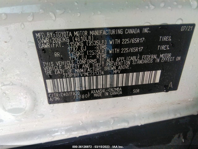 2021 TOYOTA RAV4 XLE VIN: 2T3P1RFV1MC231334