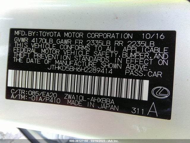 2017 Lexus CT, VIN: JTHKD5BH6H2289414