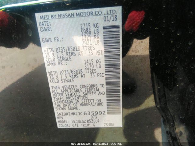 5N1DR2MM2JC635992 Nissan Pathfinder Sl