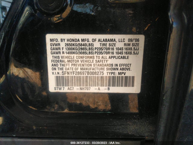 2007 HONDA PILOT EX-L VIN: 5FNYF28697B008275