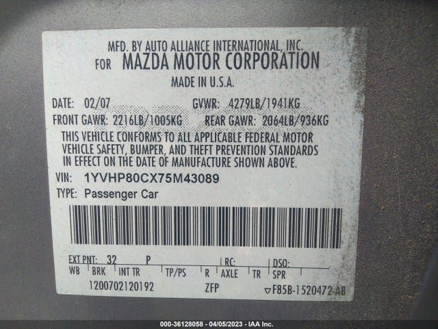 2007 MAZDA MAZDA6 I SPORT VE VIN: 1YVHP80CX75M43089