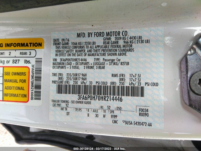 Ford FUSION SE 2017 3FA6P0H70HR214446 Image 9
