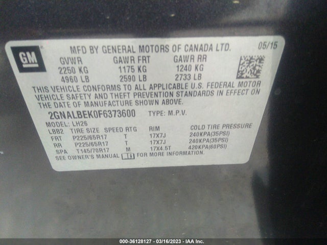 Chevrolet EQUINOX LT 2015 2GNALBEK0F6373600 Image 10