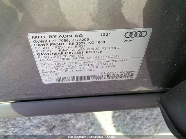 2022 Audi e-tron, VIN: WA1LAAGE2NB012285