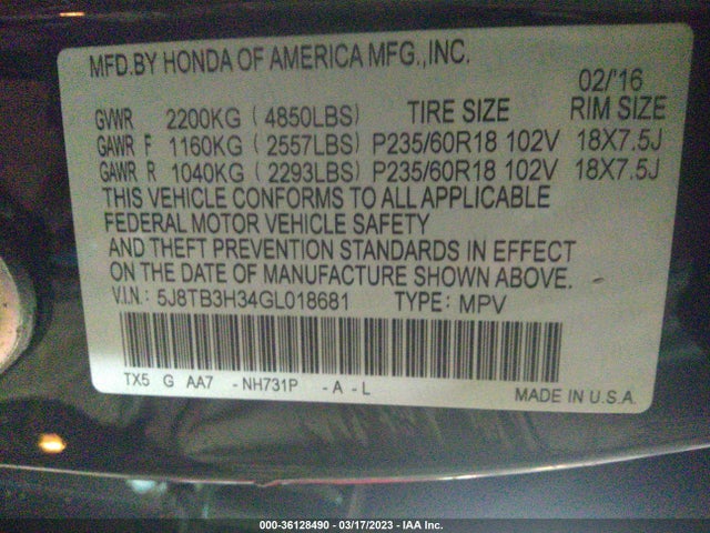 5J8TB3H34GL018681 Acura RDX