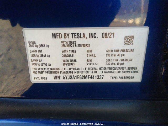 Tesla Model S Plaid 2021 5YJSA1E62MF441337 Image 9