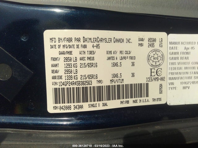 2005 DODGE GRAND CARAVAN VIN: 1D4GP24R45B382563