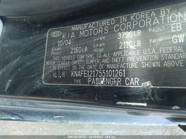 36128723 :رقم المزاد ، KNAFE121755101261 vin ، 2005 Kia Spectra Lx/ex/sx مزاد بيع