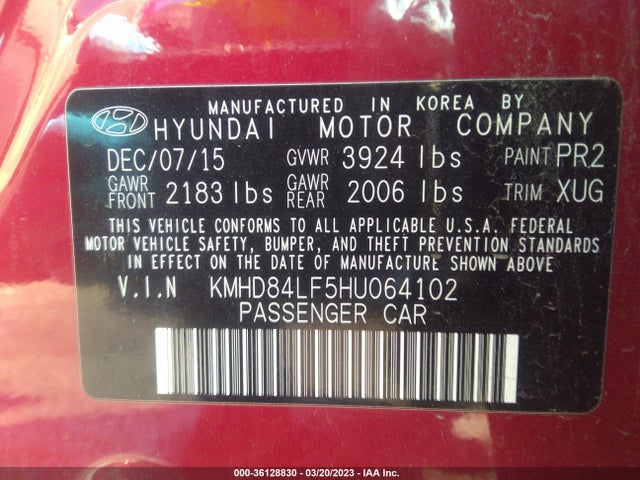 2017 HYUNDAI ELANTRA SE VIN: KMHD84LF5HU064102