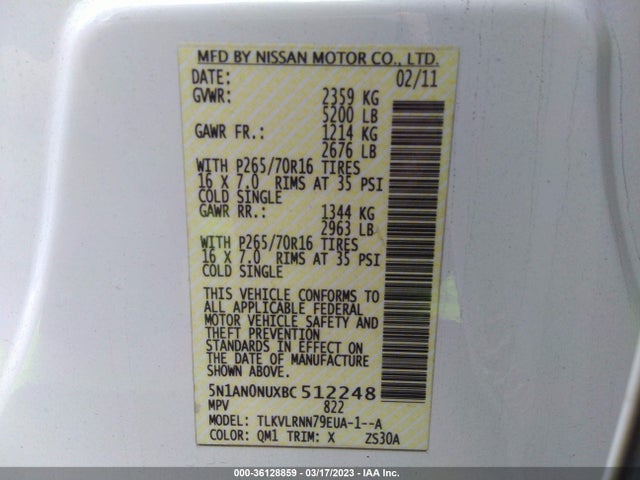 2011 NISSAN XTERRA S VIN: 5N1AN0NUXBC512248