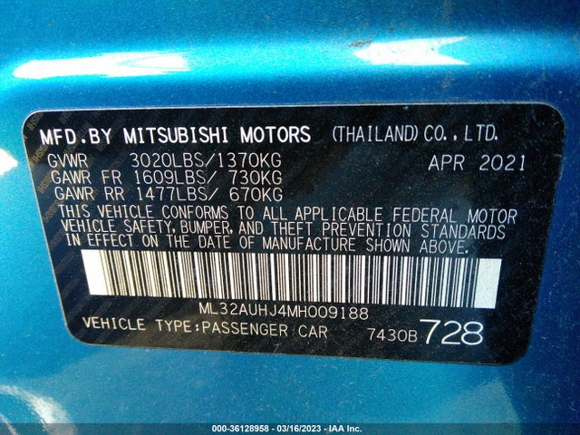 2021 MITSUBISHI MIRAGE ES/LE/CARBONITE EDITION VIN: ML32AUHJ4MH009188