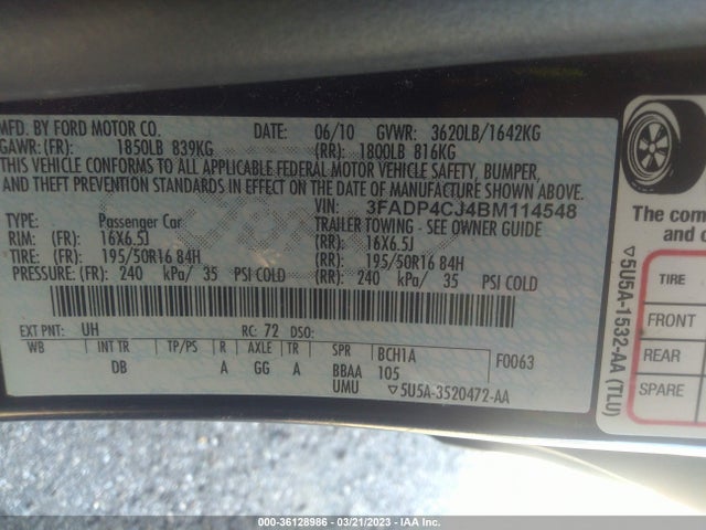 2011 FORD FIESTA SEL VIN: 3FADP4CJ4BM114548