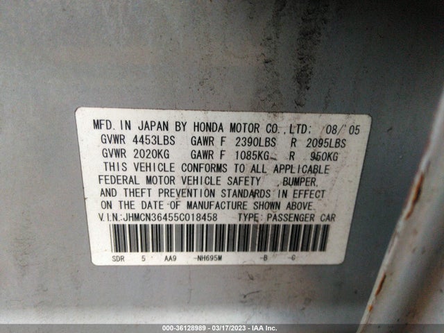 2005 HONDA ACCORD HYBRID VIN: JHMCN36455C018458