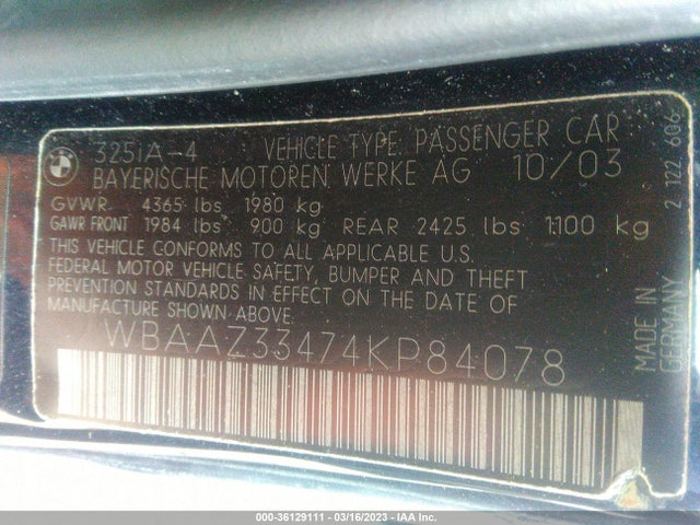 2004 BMW 3 SERIES 325I VIN: WBAAZ33474KP84078