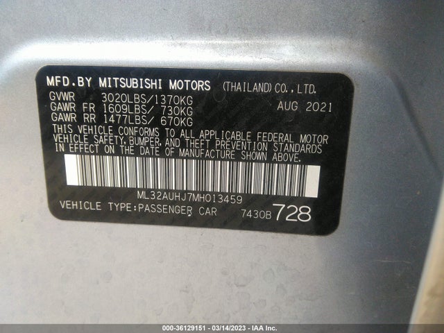 ML32AUHJ7MH013459 Mitsubishi Mirage Es/le/carbonite Edition