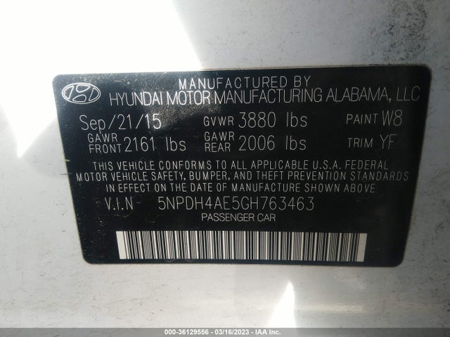 2016 HYUNDAI ELANTRA SE VIN: 5NPDH4AE5GH763463