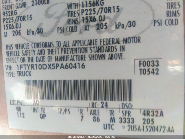 2005 FORD RANGER XL/XLT VIN: 1FTYR10DX5PA60416