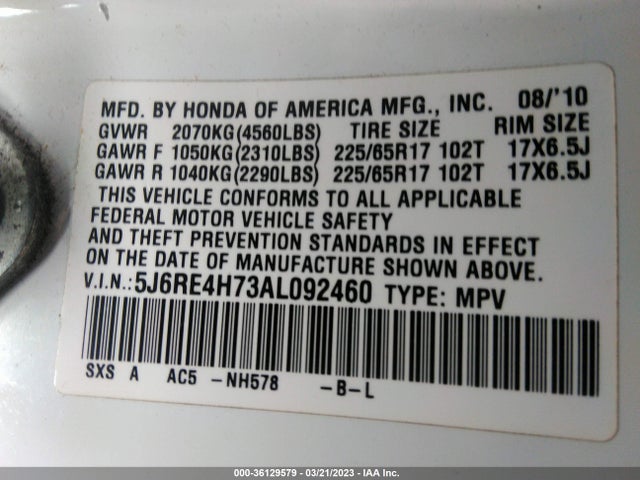2010 HONDA CR-V EX-L VIN: 5J6RE4H73AL092460