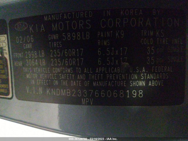 KNDMB233766068198 KIA Sedona Lx/ex
