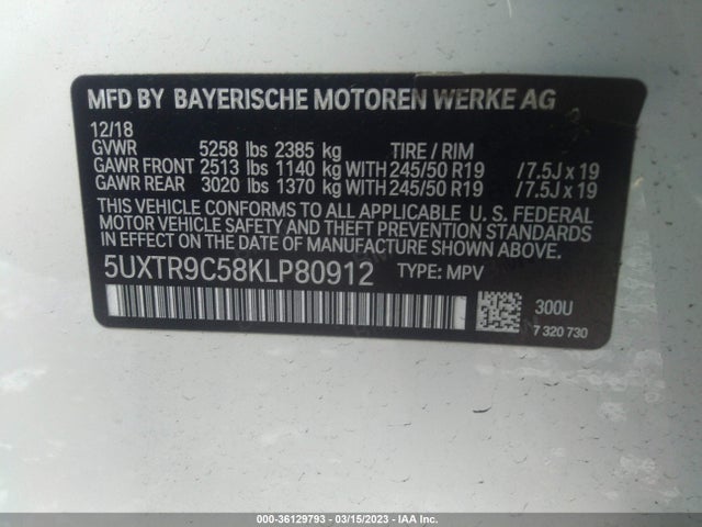 2019 BMW X3 XDRIVE30I VIN: 5UXTR9C58KLP80912