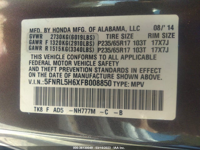 Honda Odyssey Ex-l 2015 5FNRL5H6XFB008850 Image 10