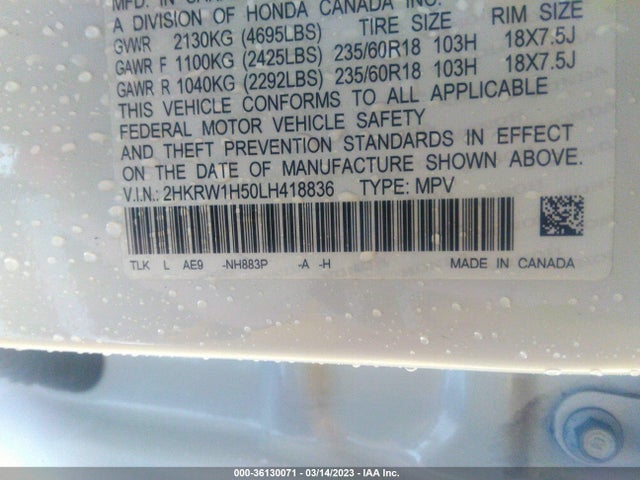Honda CR-V EX 2020 2HKRW1H50LH418836 Image 9
