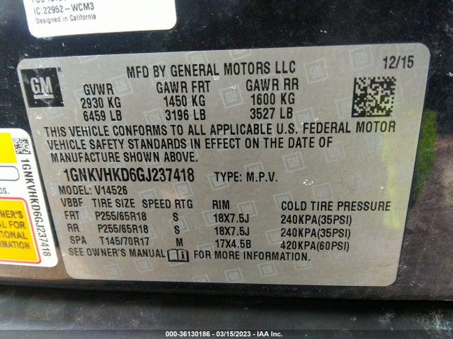Chevrolet Traverse Lt 2016 1GNKVHKD6GJ237418 Image 10