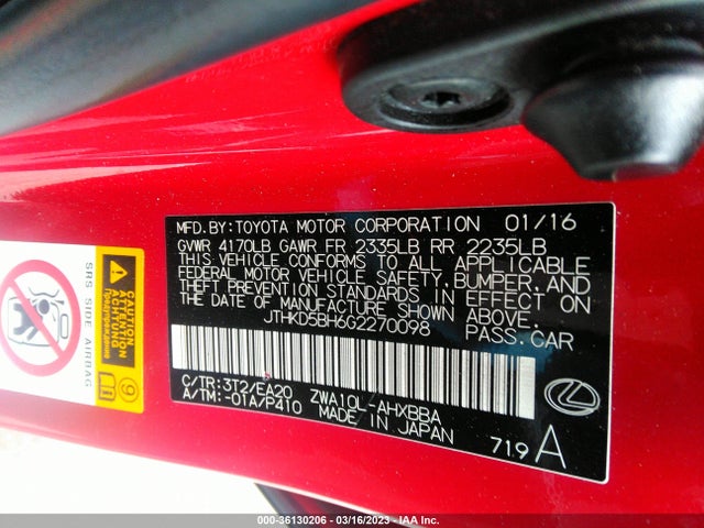 JTHKD5BH6G2270098 Lexus Ct 200h Hybrid