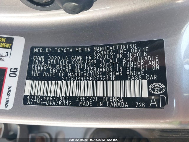 2016 TOYOTA COROLLA L/LE/S/S PLUS/LE PLUS VIN: 2T1BURHE9GC733438