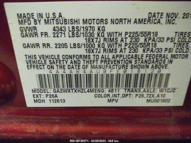 4A4AR4AU0FE018120 Mitsubishi Outlander Sport Se