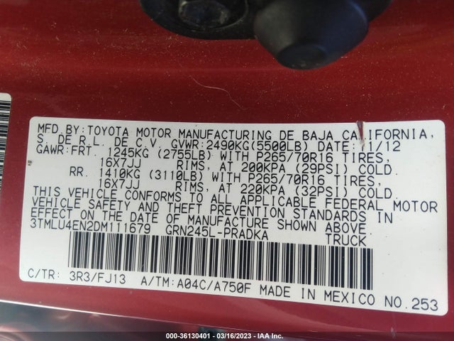 2013 TOYOTA TACOMA VIN: 3TMLU4EN2DM111679