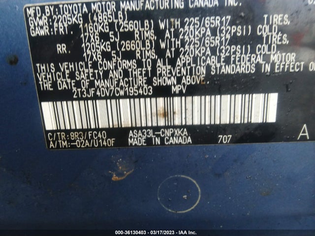 2012 TOYOTA RAV4 VIN: 2T3JF4DV7CW195403