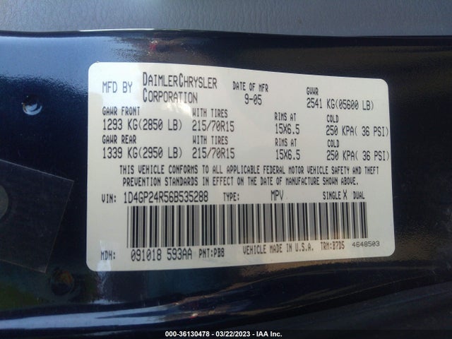 2006 DODGE GRAND CARAVAN SE VIN: 1D4GP24R56B535288