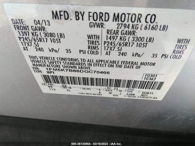 2013 FORD EXPLORER BASE VIN: 1FM5K7B86DGC70466