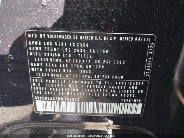 3VVCB7AX3NM162920 Volkswagen Tiguan Se R-line Black