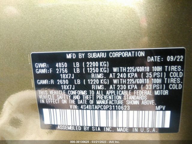 4S4BTAPC0P3110623 Subaru Outback Touring