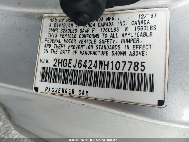 1998 HONDA CIVIC CX VIN: 2HGEJ6424WH107785