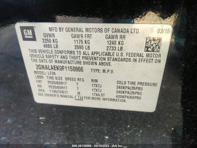 2015 CHEVROLET EQUINOX LS VIN: 2GNALAEK9F1150866