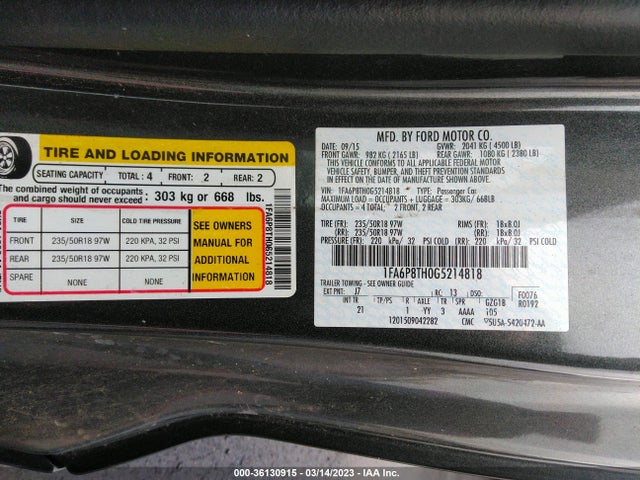36130915 :رقم المزاد ، 1FA6P8TH0G5214818 vin ، 2016 Ford Mustang Ecoboost مزاد بيع