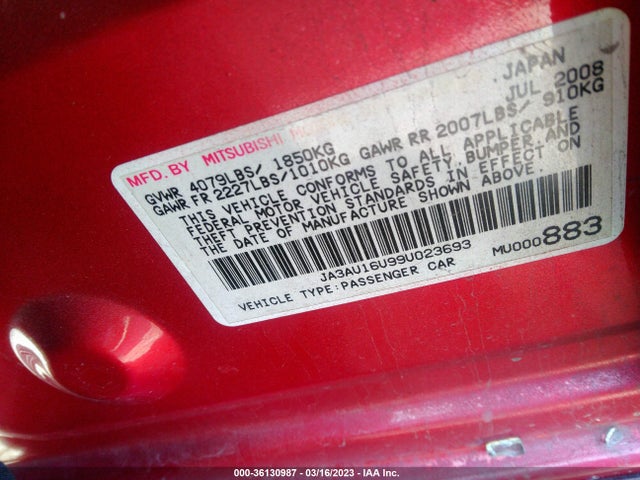 Mitsubishi Lancer 2009 JA3AU16U99U023693 Image 10