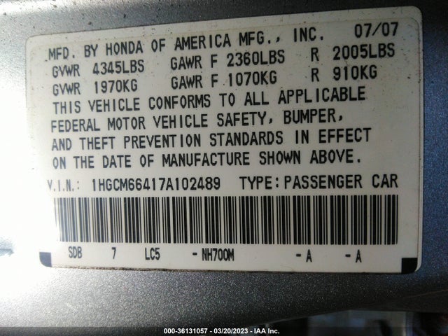 2007 HONDA ACCORD SDN LX SE VIN: 1HGCM66417A102489
