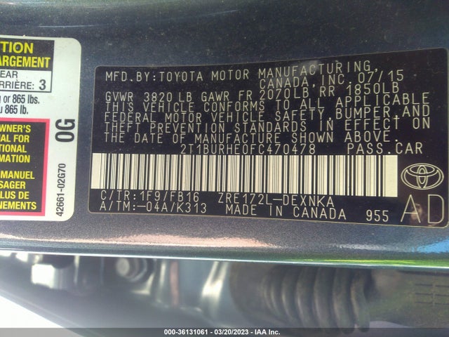2015 TOYOTA COROLLA L/LE/S/S PLUS/LE PLUS VIN: 2T1BURHE0FC470478