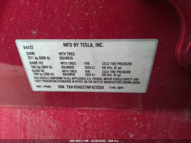 Tesla Model Y Long Range 2022 7SAYGAEE7NF427034 Image 9